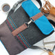 Mochila média lã cinza escuro com bordados, topo azul petróleo, fundo castanho escuro | Joana Candeias