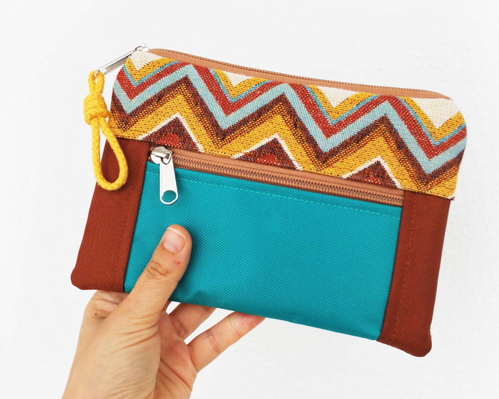 Bolsa de mão padrão ziguezague, tela laranja tijolo e turquesa | Joana Candeias