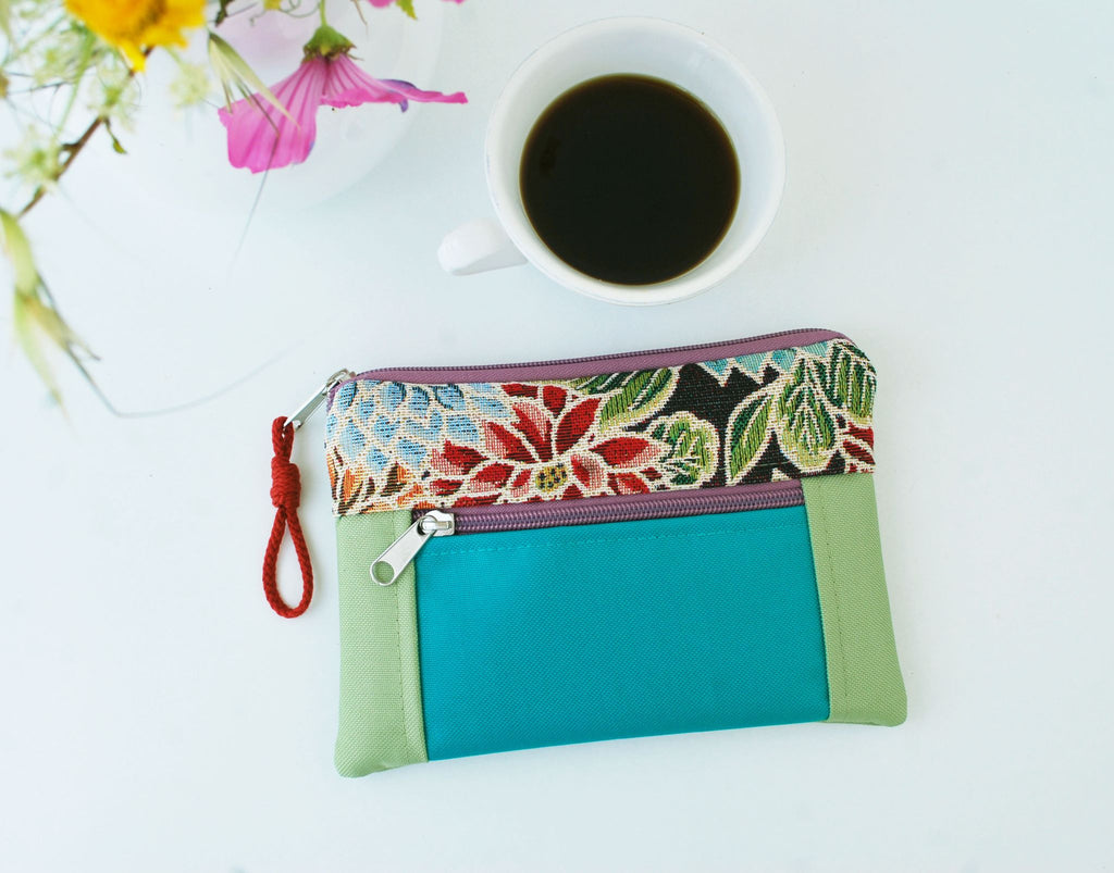 Bolsa de mão padrão floral, tela azul turquesa e verde | Joana Candeias
