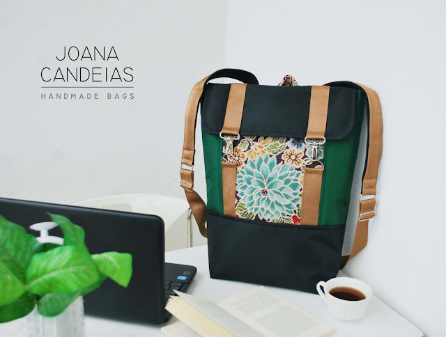 Mochila grande padrão floral, tela preto e verde | Joana Candeias