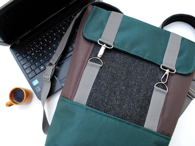 Mochila grande padrão espinhado, tela verde e castanho | Joana Candeias