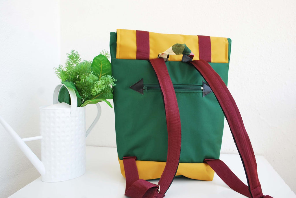 Mochila grande padrão geométrico, tela amarelo mostarda e verde | Joana Candeias