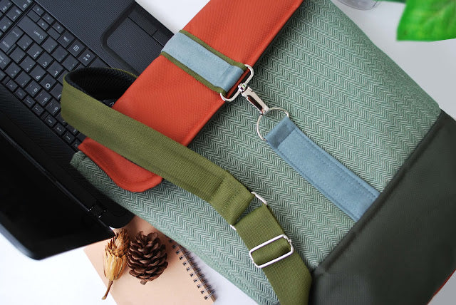 Mochila média padrão espinhado, topo laranja tijolo, fundo verde seco | Joana Candeias