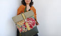 Mochila média padrão floral, topo bege, fundo verde seco | Joana Candeias